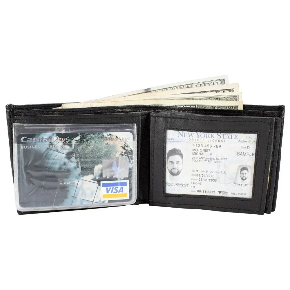 Men Lambskin Leather Wallet with Bifold 2 Center Flap, Black